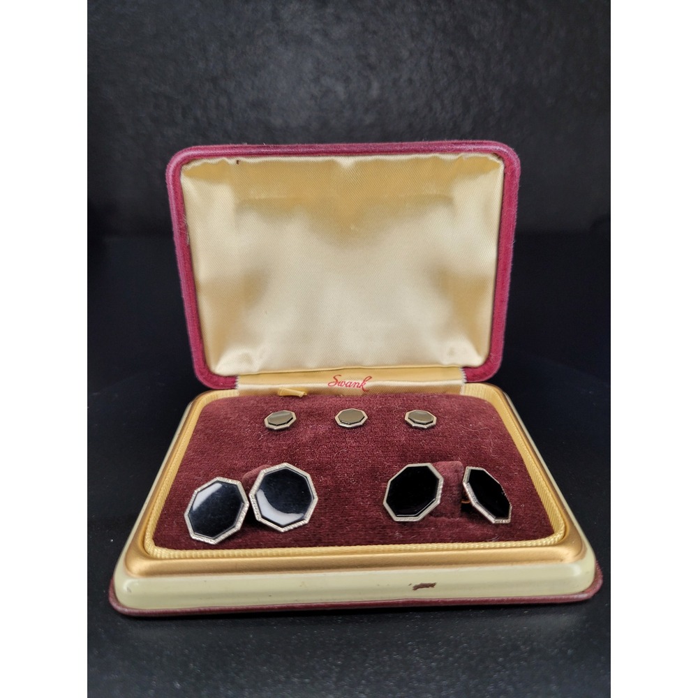 Swank Cufflinks and Studs Set Black Hexagon Silver Tone Geometric with Box